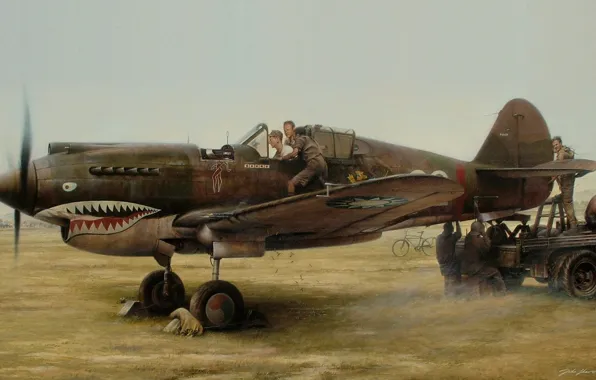 Картинка рисунок, арт, ремонт, аэродром, WW2, летучка, Кёртисс Р-40, американский истребитель