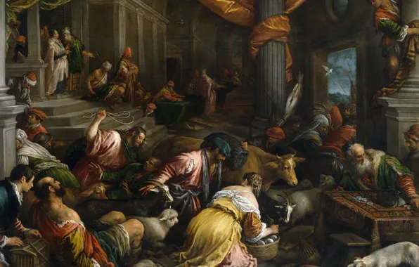Картинка картина, мифология, Франческо Бассано, Изгнание Торговцев из Храма, люди, библия, религия