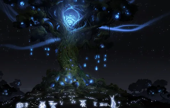 Картинка ночь, огни, дерево, дух, зверьки, Ori And The Blind Forest