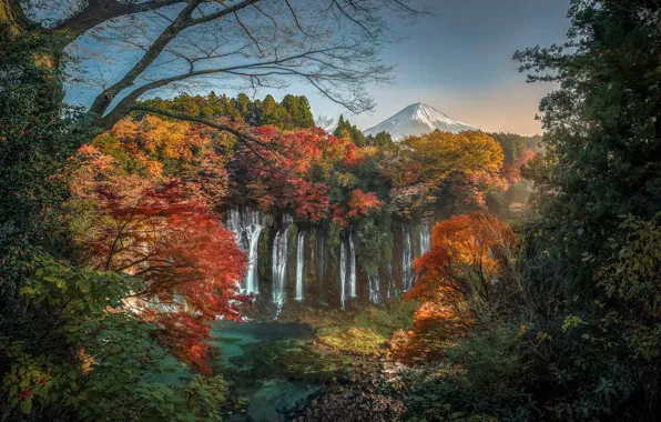 Картинка осень, лес, деревья, гора, водопад, вулкан, Япония, Japan