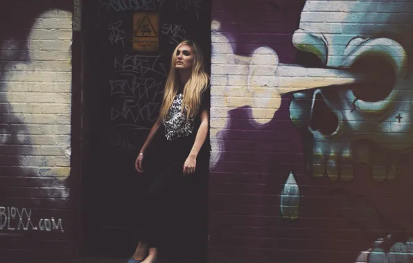 Skull, girl, graffiti, woman, model, street, blonde, outside