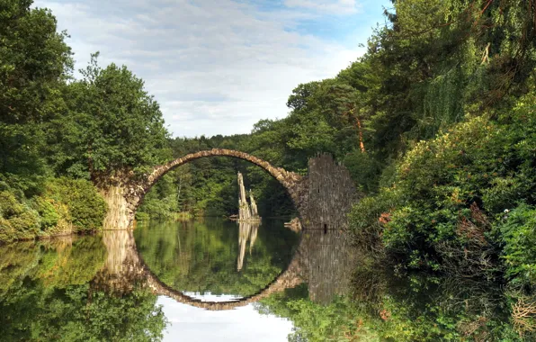 Вода, деревья, мост, озеро, отражение, Германия, арка, каменный