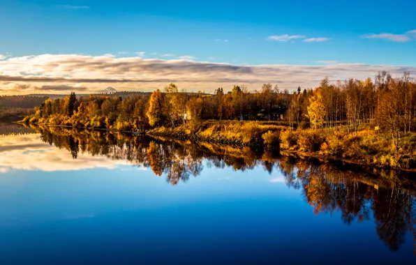 Картинка осень, лес, небо, облака, озеро, дом, отражение
