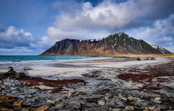 Море, облака, камни, побережье, гора, Норвегия, Lofoten