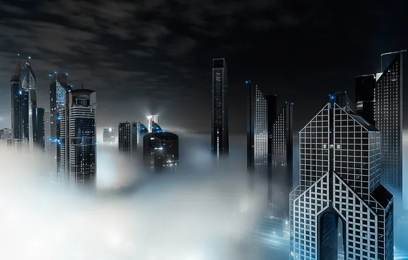 Облака, ночь, город, туман, Дубай, Dubai, ОАЭ
