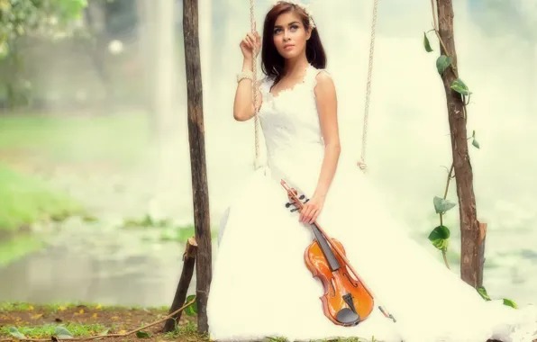 Картинка девушка, музыка, качели, скрипка