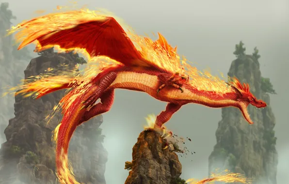 Картинка Дракон, Скалы, Огонь, dragon blade wrath of fire