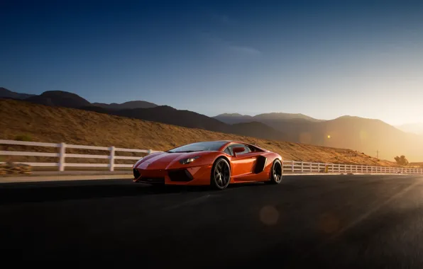 Картинка Lamborghini, Orange, Sky, Front, Sun, LP700-4, Aventador, Road