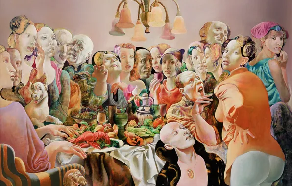 Люди, люстра, пир, 1993, Фигуративная живопись, Normunds Braslins, Общество I