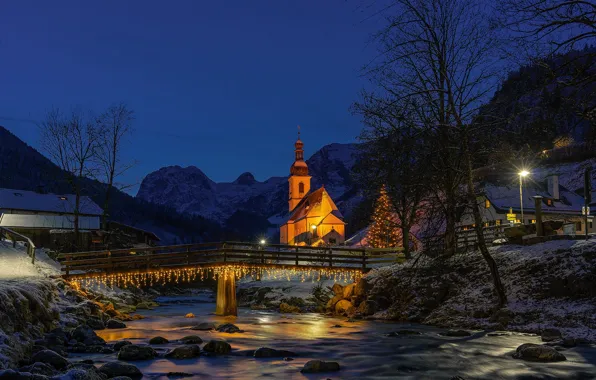 Картинка зима, снег, пейзаж, ночь, мост, город, река, рождество