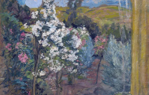 Деревья, пейзаж, весна, сад, окно, цветение, Анри Лебаск, View of the Garden from the Window