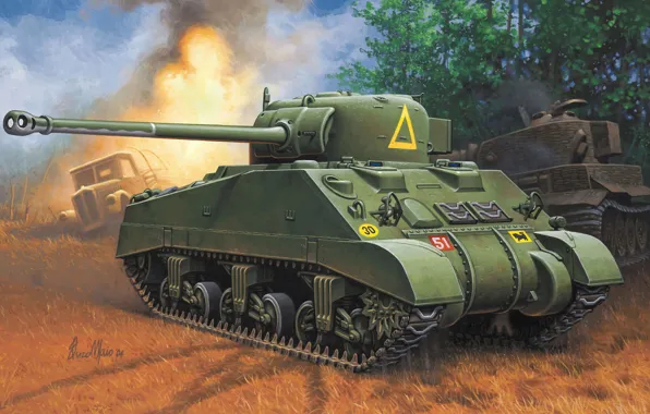 Картинка поле, огонь, пламя, рисунок, бой, арт, танк, WW2