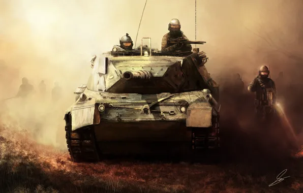 Картинка туман, оружие, арт, солдаты, танк, военные, invasion