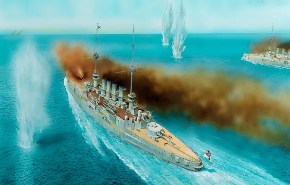 Дым, рисунок, арт, выстрелы, немецкие, разрывы, морское сражение, WW1