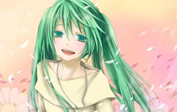 Девушка, лепестки, арт, кулон, vocaloid, hatsune miku, вокалоид