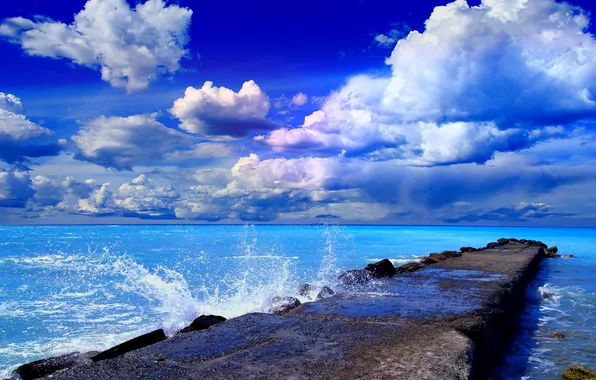 Море, небо, облака, причал, пирс, брвзги