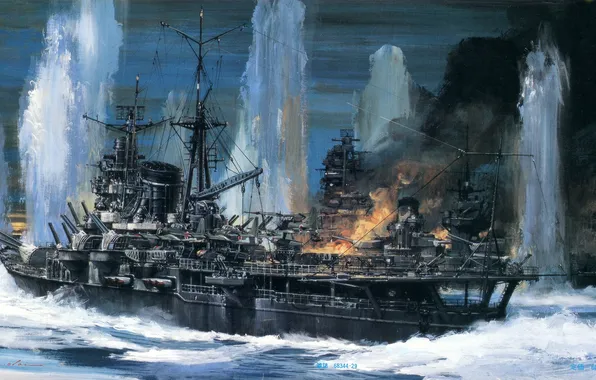 Картинка масло, картина, холст, линейный корабль, морской бой, WW2, тяжёлый крейсер, «Ямаширо»