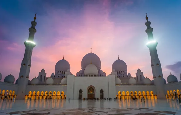 Картинка небо, свет, площадь, мечеть, Grand mosque, abu dhabi, Абу-Даби, минарет