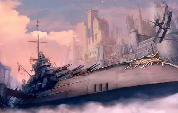 Картинка туман, самолет, оружие, замок, корабль, солдат