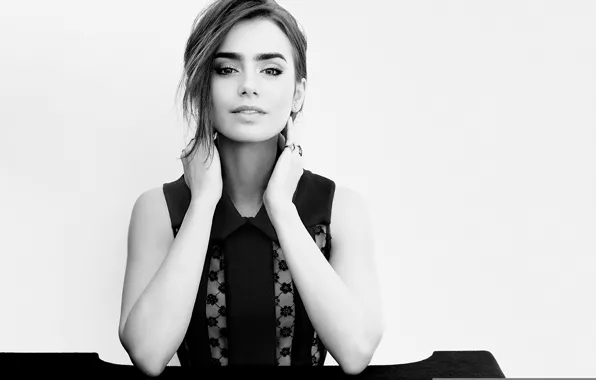 Взгляд, актриса, черно-белое, фотомодель, Лили Коллинз, Lily Collins