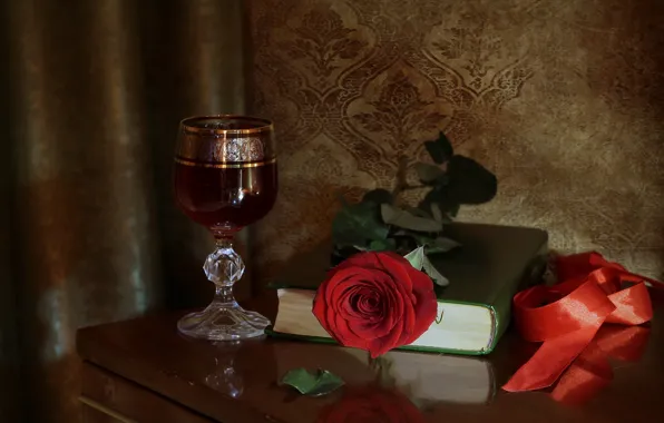Вино, бокал, роза, лента, книга, натюрморт, красная