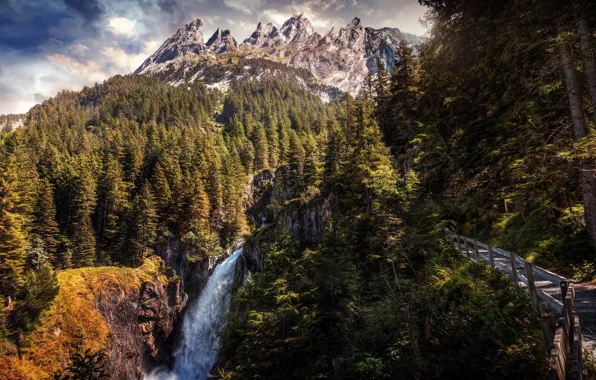 Картинка лес, горы, водопад, тропа, Швейцария, Switzerland, Schattenhalb, Rosenlaui Glacier Canyon
