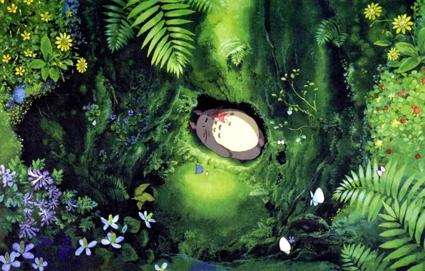 Картинка лес, листья, цветы, нора, девочка, лежит, Хаяо Миядзаки, Hayao Miyazaki