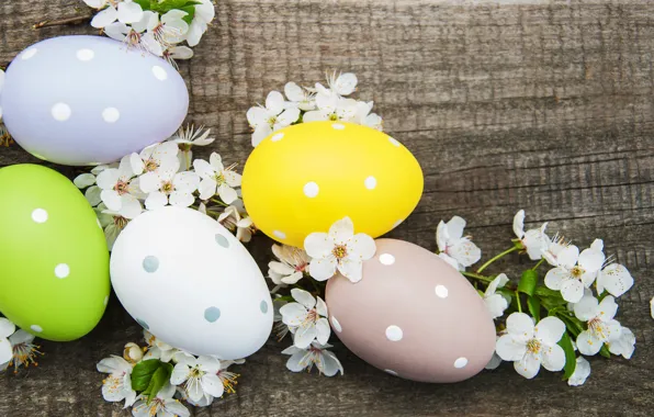 Цветы, яйца, весна, colorful, Пасха, happy, wood, blossom
