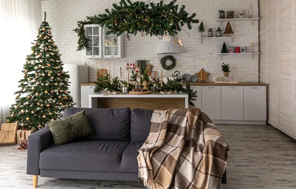 Украшения, диван, шары, елка, интерьер, Рождество, Новый год, christmas