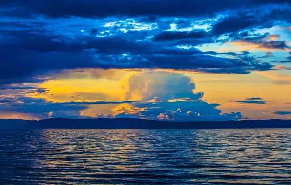 Море, небо, облака, закат, горы, зарево