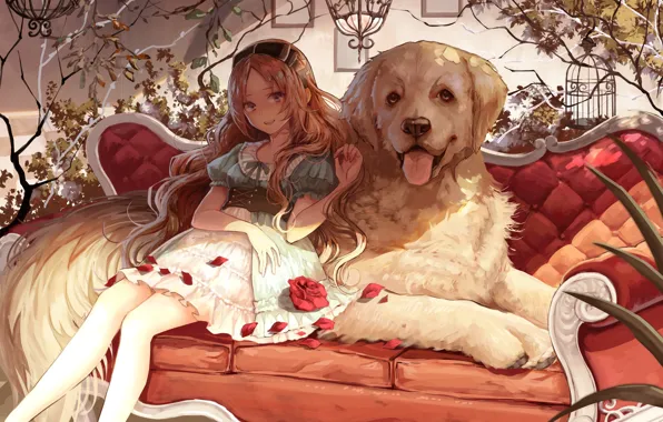 Картинка собака, аниме, девочка