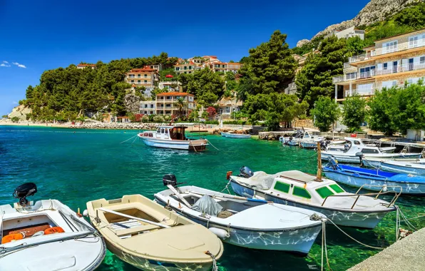 Море, город, лодки, причал, Хорватия, Makarska Riviera, Brela, Брела