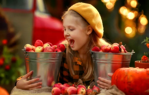 Картинка радость, настроение, яблоки, смех, урожай, девочка, рыжая, рыжеволосая