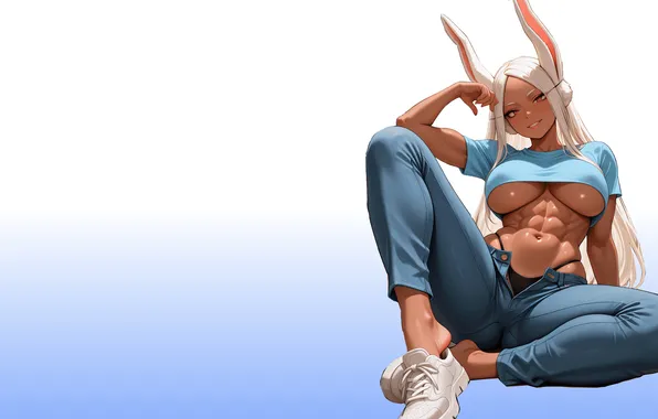 Girl, hot, sexy, boobs, blue, anime, pretty, jeans
