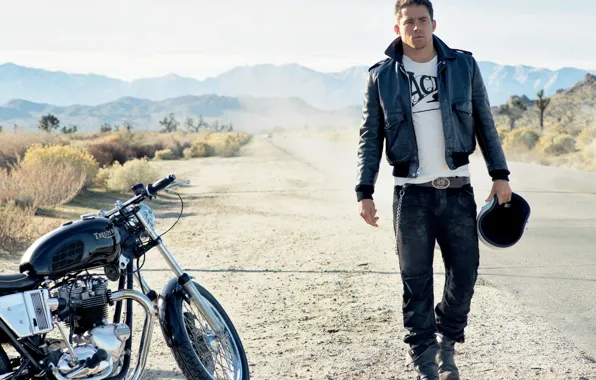 Дорога, горы, куртка, мотоцикл, мужчина, Channing Tatum, Ченнинг Татум