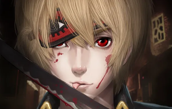 Картинка капли, кровь, меч, повязка, парень, красные глаза, Gintama, Okita Sougo