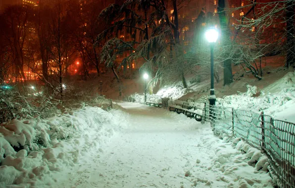 Картинка свет, снег, деревья, город, парк, забор, здания, вечер