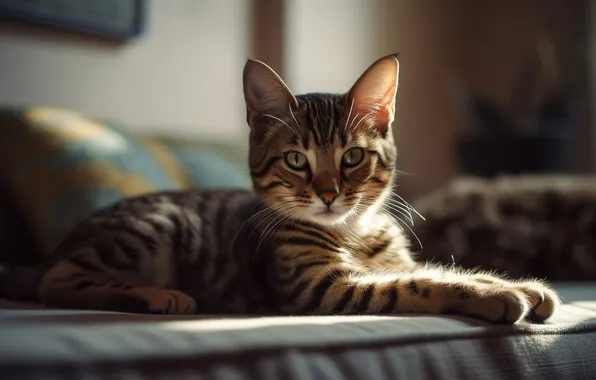 Кошка, взгляд, свет, котенок, комната, диван, лапки, лежит