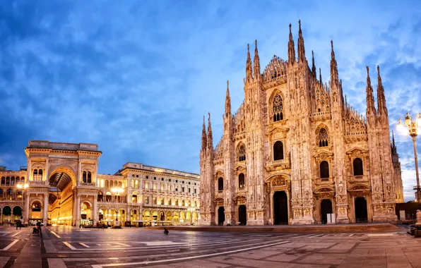 Картинка огни, вечер, площадь, фонари, Италия, собор, архитектура, Milan Cathedral