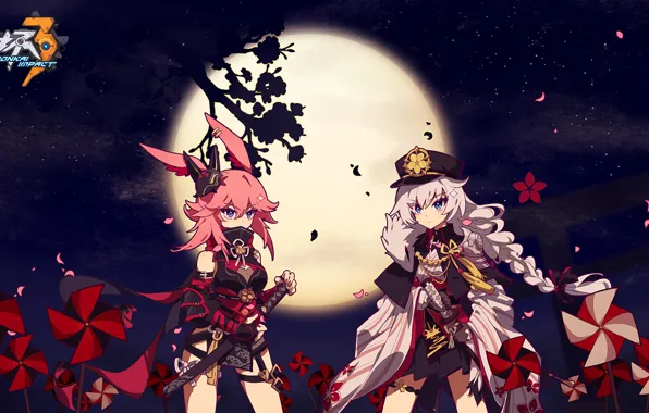 Ночь, луна, девочки, сакура, Honkai Impact 3rd, Yae Sakura, Kallen Kaslana