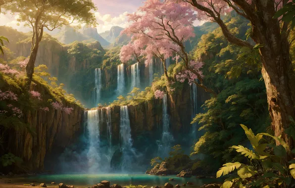 Forest, landscape, nature, art, lake, day, waterfall, digital art