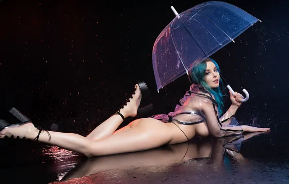 Girl, sexy, ass, rain, long hair, boobs, umbrella, smile