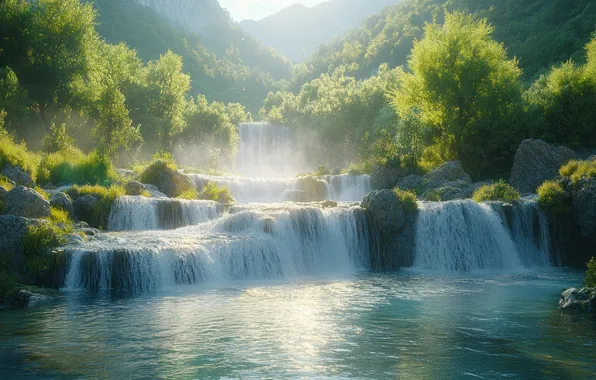 Лес, свет, деревья, горы, природа, туман, камни, скалы