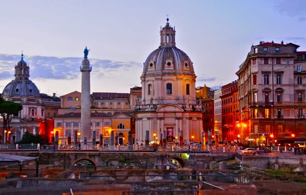 Картинка небо, закат, Рим, Италия, церковь, колонна