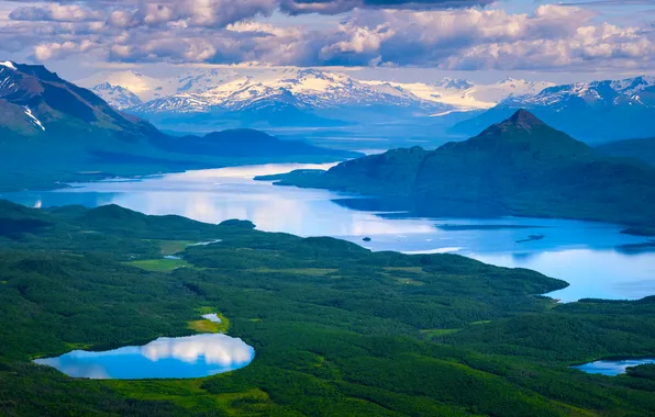 Лес, небо, облака, горы, река, Alaska