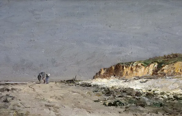 Картинка пейзаж, люди, берег, картина, Карлос де Хаэс, Пляж в Виллервиле