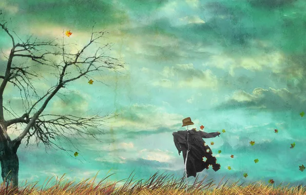 Картинка поле, осень, небо, листья, деревья, фон, настроение, ветер