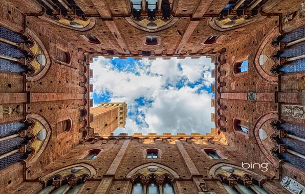 Картинка небо, облака, город, башня, Италия, архитектура, Тоскана, Сиена