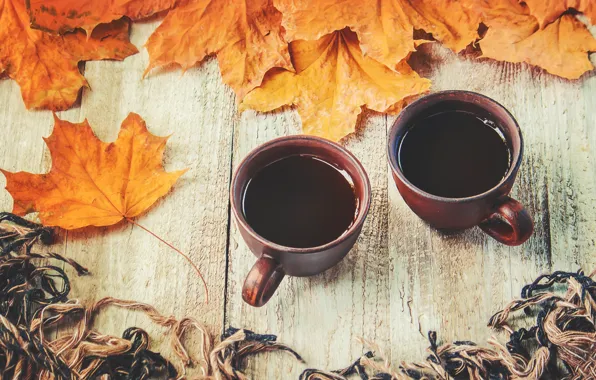 Картинка осень, листья, плед, wood, autumn, leaves, coffee cup, чашка кофе