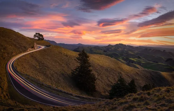 Картинка дорога, закат, горы, холмы, Новая Зеландия, New Zealand, Hawke's Bay, Хокс-Бей